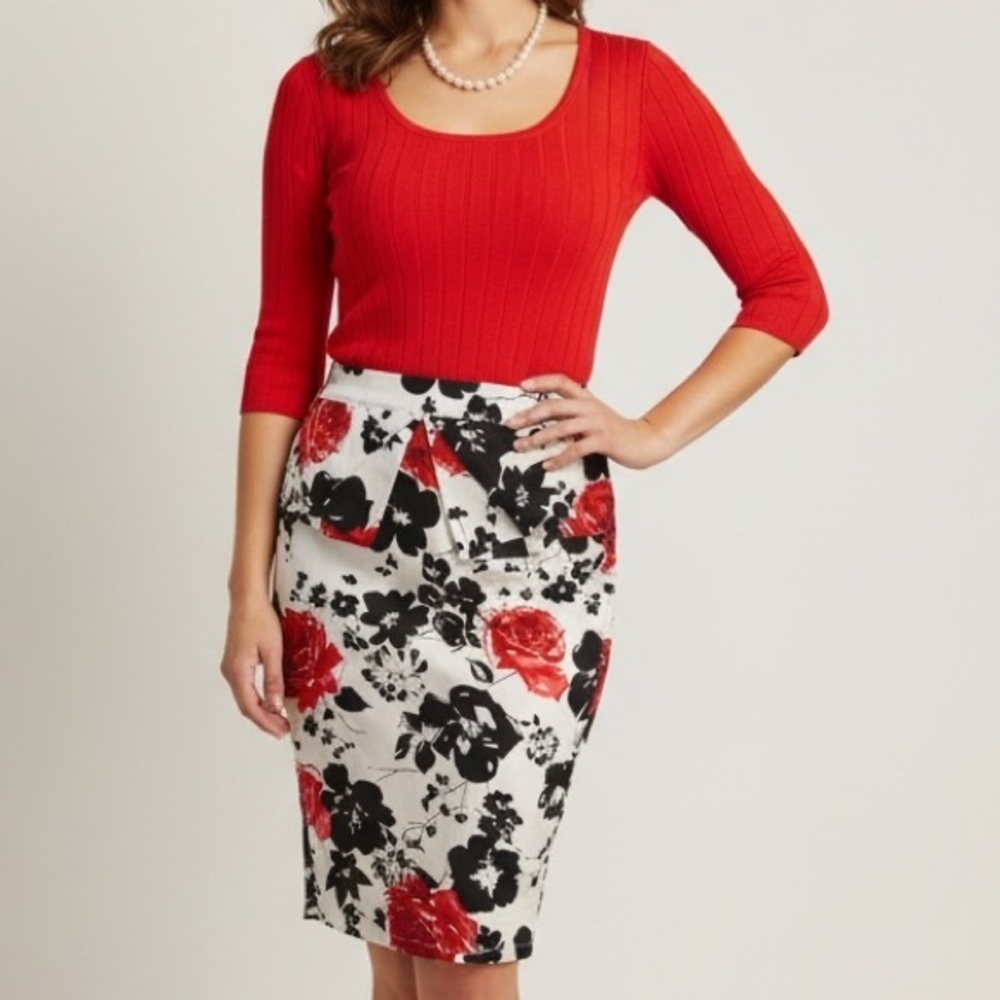 Done not available Karin cotton white red floral peplum pencil skirt pin up